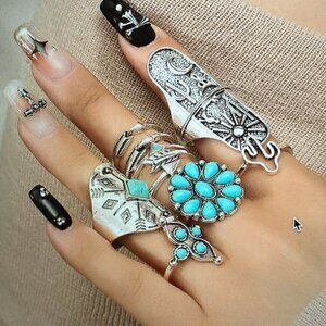 Ethnic Style Geometric  Turquoise Women's Rings 9 Pieces